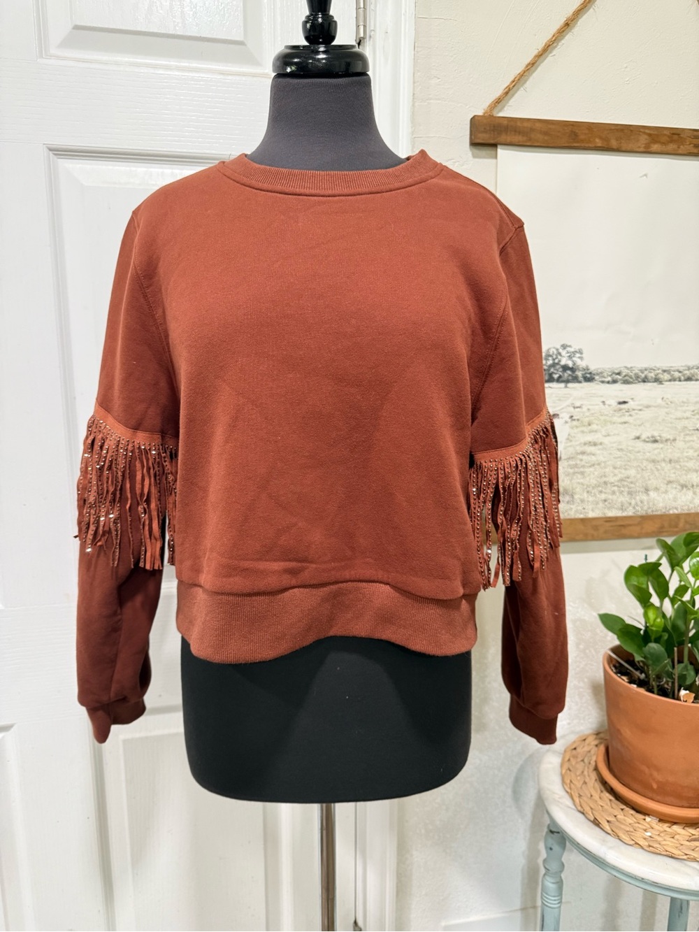 Women's Fringe Sleeve Pullover Sweatshirt - Rust